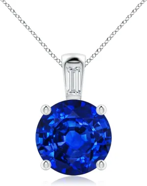 Angara Round Lab Grown Blue Sapphire Pendant with Baguette Diamond in 14K Solid Gold/Platinum | September Birthstone, Birthday, Engagement, Anniversary, Wedding Jewelry Gift for Women
