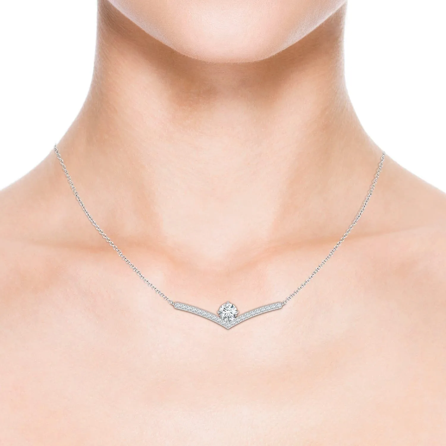 Angara Round Lab Grown Diamond Chevron Necklace with Accents in 14K Solid Gold/Platinum | April Birthstone, Birthday, Engagement, Anniversary, Wedding Jewelry Gift for Women