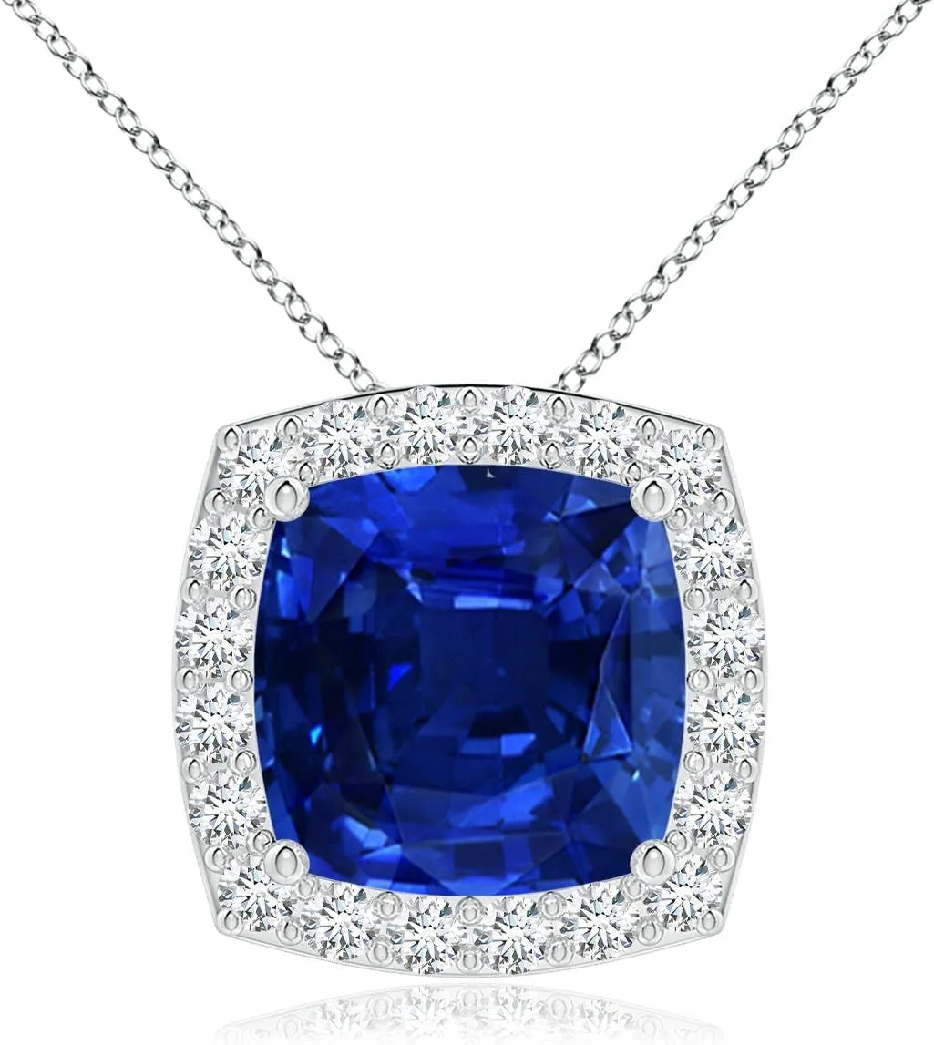Angara Vintage Inspired Cushion Lab Grown Blue Sapphire Halo Pendant in 14K Solid Gold/Platinum | September Birthstone, Birthday, Engagement, Anniversary, Wedding Jewelry Gift for Women