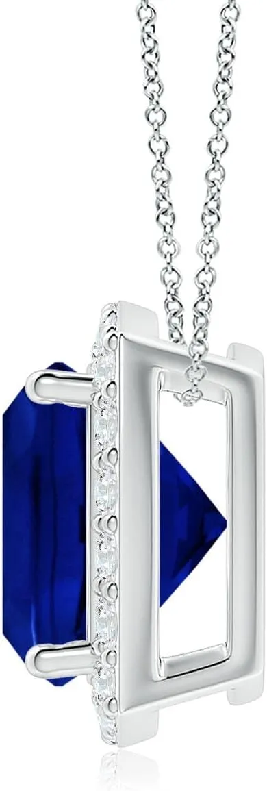 Angara Vintage Inspired Cushion Lab Grown Blue Sapphire Halo Pendant in 14K Solid Gold/Platinum | September Birthstone, Birthday, Engagement, Anniversary, Wedding Jewelry Gift for Women