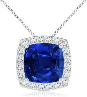 Angara Vintage Inspired Cushion Lab Grown Blue Sapphire Halo Pendant in 14K Solid Gold/Platinum | September Birthstone, Birthday, Engagement, Anniversary, Wedding Jewelry Gift for Women