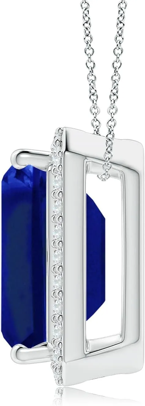 Angara Vintage Inspired Emerald-Cut Lab Grown Blue Sapphire Halo Pendant in 14K Solid Gold/Platinum | September Birthstone, Birthday, Engagement, Anniversary, Wedding Jewelry Gift for Women