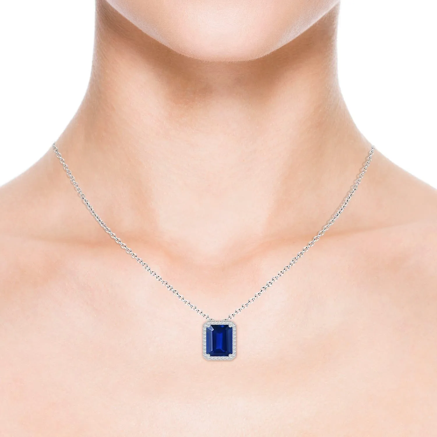 Angara Vintage Inspired Emerald-Cut Lab Grown Blue Sapphire Halo Pendant in 14K Solid Gold/Platinum | September Birthstone, Birthday, Engagement, Anniversary, Wedding Jewelry Gift for Women