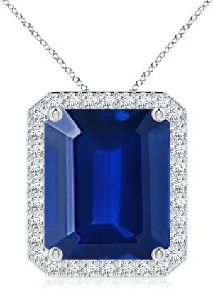 Angara Vintage Inspired Emerald-Cut Lab Grown Blue Sapphire Halo Pendant in 14K Solid Gold/Platinum | September Birthstone, Birthday, Engagement, Anniversary, Wedding Jewelry Gift for Women