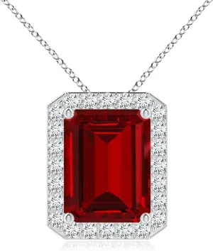 Angara Vintage Inspired Emerald-Cut Lab Grown Ruby Halo Pendant in 14K Solid Gold/Platinum | July Birthstone, Birthday, Engagement, Anniversary, Wedding Jewelry Gift for Women