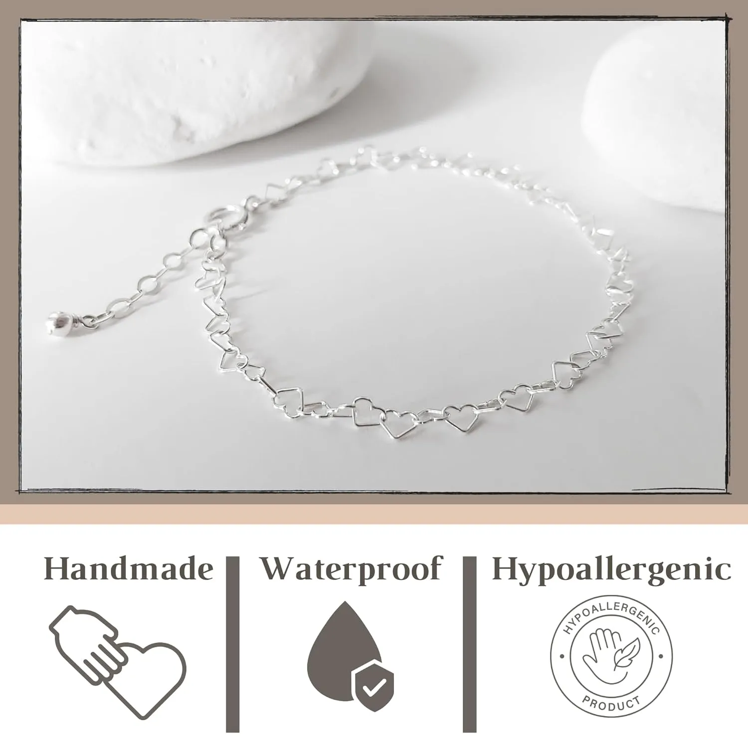 Annika Bella Silver Bracelet, 6.5-7.5 Inches Hand Chain, 925 Silver Stackable Bracelets for Women, Valentines Day Gift, Jewelry for Teens (Hearts Chain)