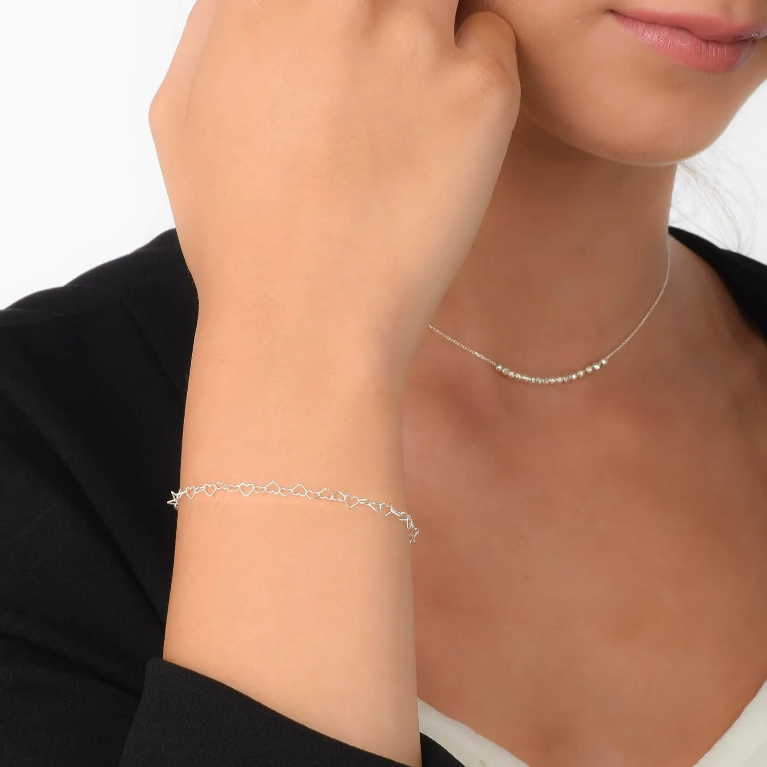 Annika Bella Silver Bracelet, 6.5-7.5 Inches Hand Chain, 925 Silver Stackable Bracelets for Women, Valentines Day Gift, Jewelry for Teens (Hearts Chain)