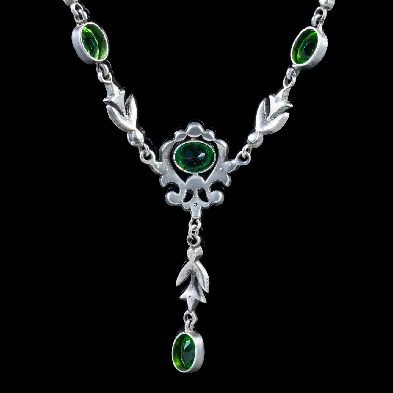 Antique Victorian Green Paste Lavalier Necklace Sterling Silver Circa 1900