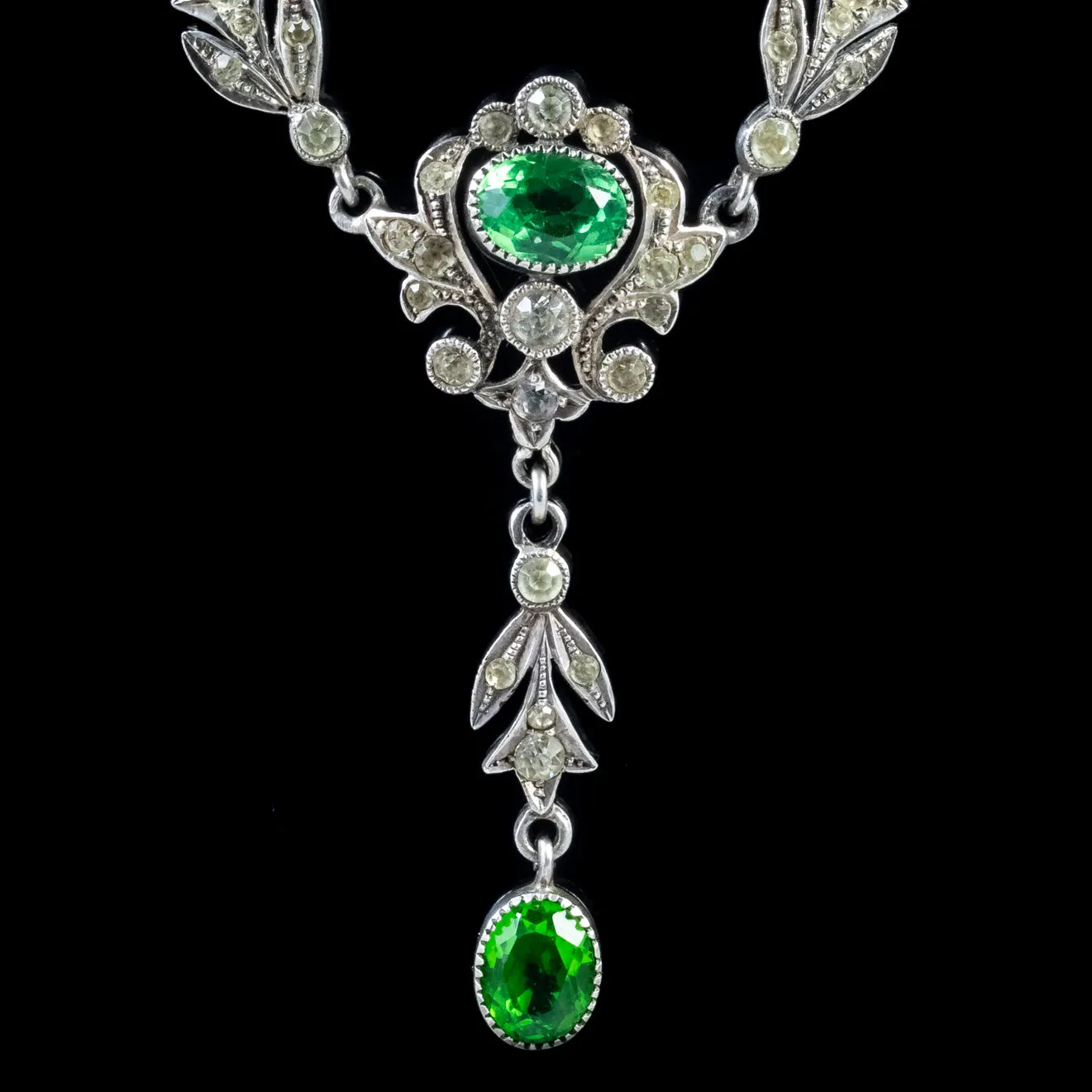 Antique Victorian Green Paste Lavalier Necklace Sterling Silver Circa 1900