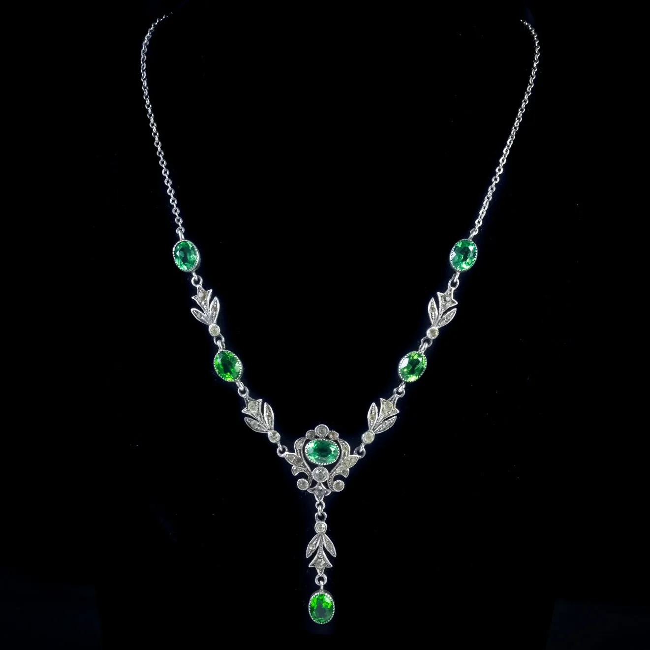 Antique Victorian Green Paste Lavalier Necklace Sterling Silver Circa 1900