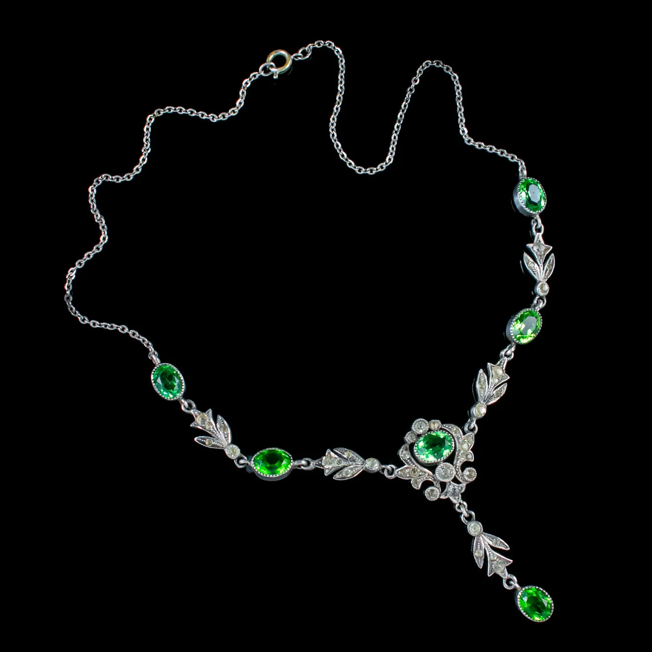 Antique Victorian Green Paste Lavalier Necklace Sterling Silver Circa 1900