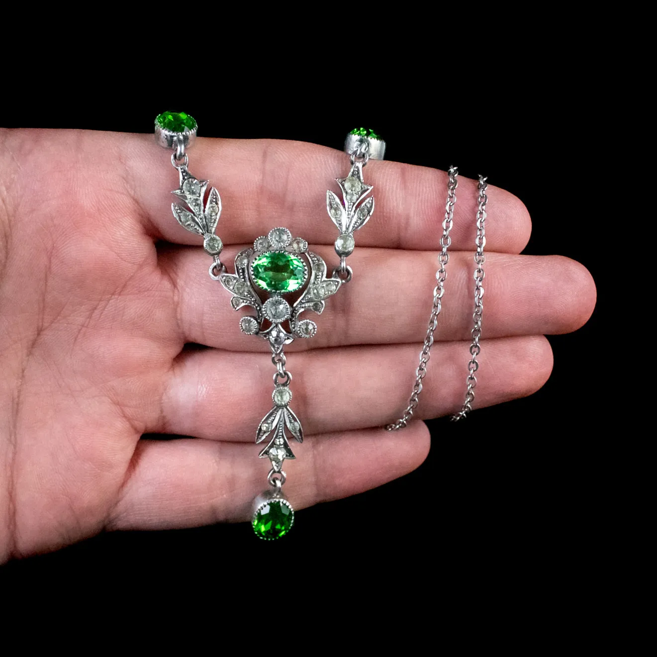 Antique Victorian Green Paste Lavalier Necklace Sterling Silver Circa 1900