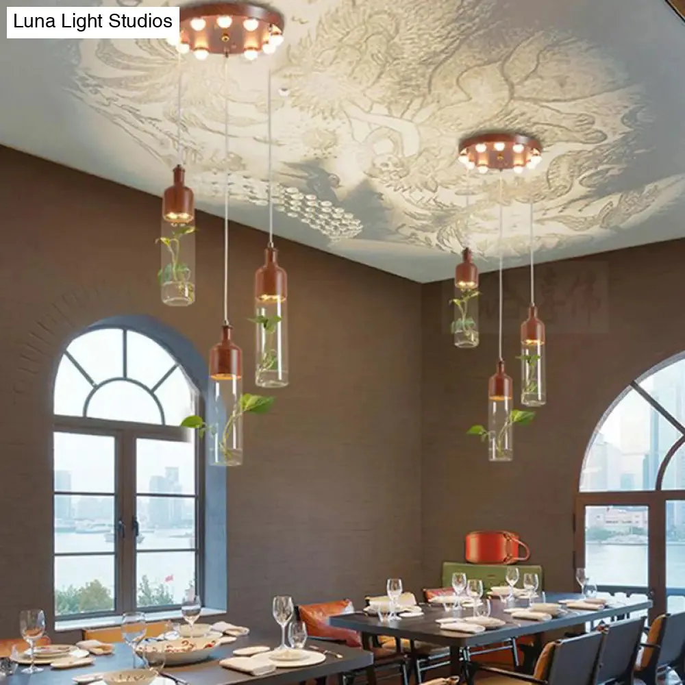 Antique Wine Bottle Cluster Pendant Ceiling Light - Metal LED with Multiple Bulbs, Brown Finish