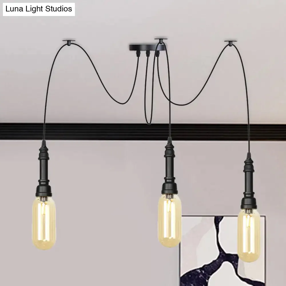 Antiqued Amber Glass Coffee House Ceiling Light - Capsule Multi 2/3/6 Head Black Swag LED Pendant