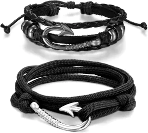 Aroncent 2pcs Fish Hook Bracelet Leather Nylon Braided Wrap Rope Wristband Nautical Bracelets for Men Women 8.5-10.5 Inches