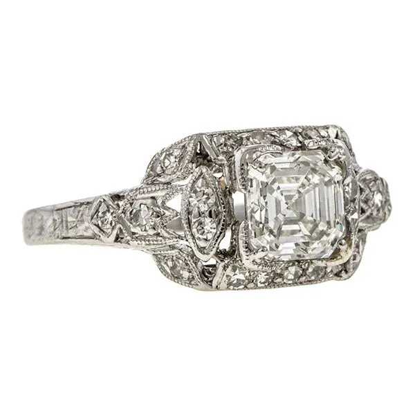 Art Deco Diamond Engagement Ring, Asscher 1.18ct.