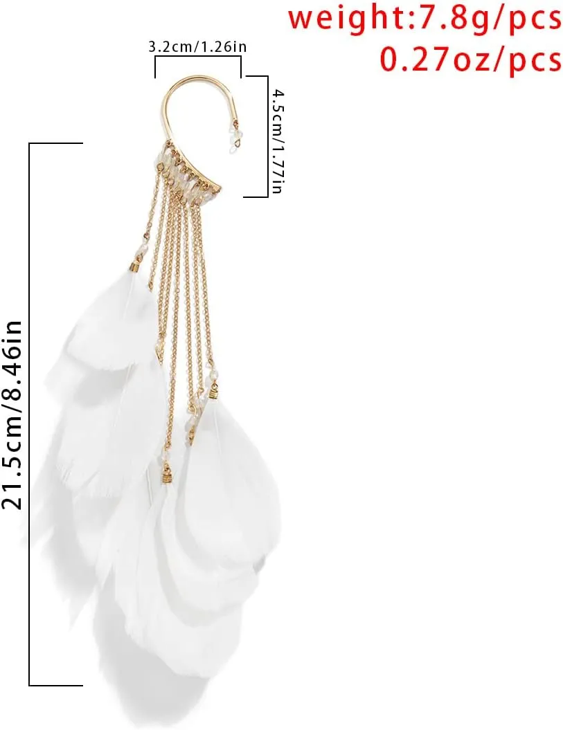 Asphire Bohemian Long Tassel Feather Ear Cuff 1pcs Non-piercing Feather Fringe Earring Elegant Exaggerated Chandelier Ear Wrap for Women Ball Beach Party Statement Jewelry