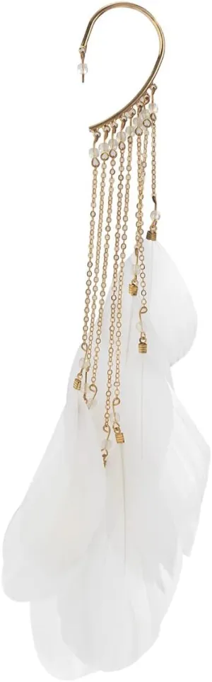 Asphire Bohemian Long Tassel Feather Ear Cuff 1pcs Non-piercing Feather Fringe Earring Elegant Exaggerated Chandelier Ear Wrap for Women Ball Beach Party Statement Jewelry
