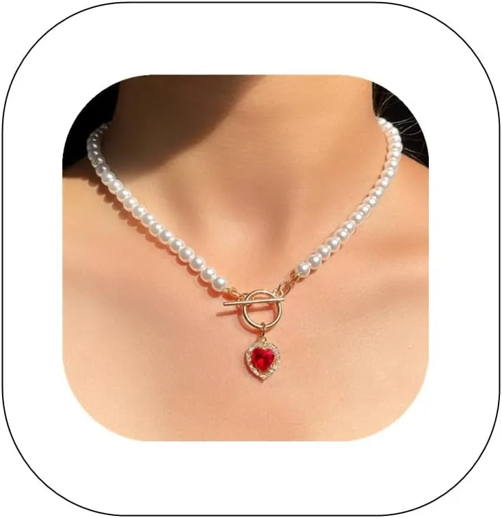 Asphire Vintage Pearl Necklace with Ruby Heart Pendant Elegant Bridal Crystal Gem Necklace Toggle Clasp Choker Necklace for Women Wedding Festival Gift
