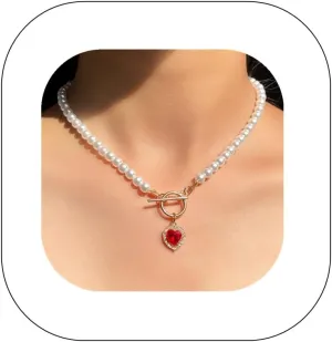 Asphire Vintage Pearl Necklace with Ruby Heart Pendant Elegant Bridal Crystal Gem Necklace Toggle Clasp Choker Necklace for Women Wedding Festival Gift