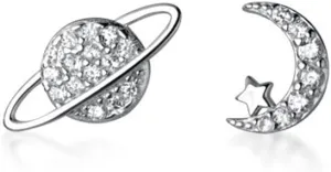 Asymmetrical Cubic Zirconia Universe Moon Crescent Star Stud Earrings for Women 925 Sterling Silver Hypoallergenic Dainty Cute Cartilage Helix Earrings Lightweight for Sensitive Ears