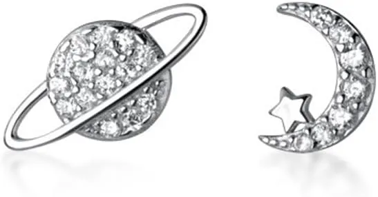 Asymmetrical Cubic Zirconia Universe Moon Crescent Star Stud Earrings for Women 925 Sterling Silver Hypoallergenic Dainty Cute Cartilage Helix Earrings Lightweight for Sensitive Ears