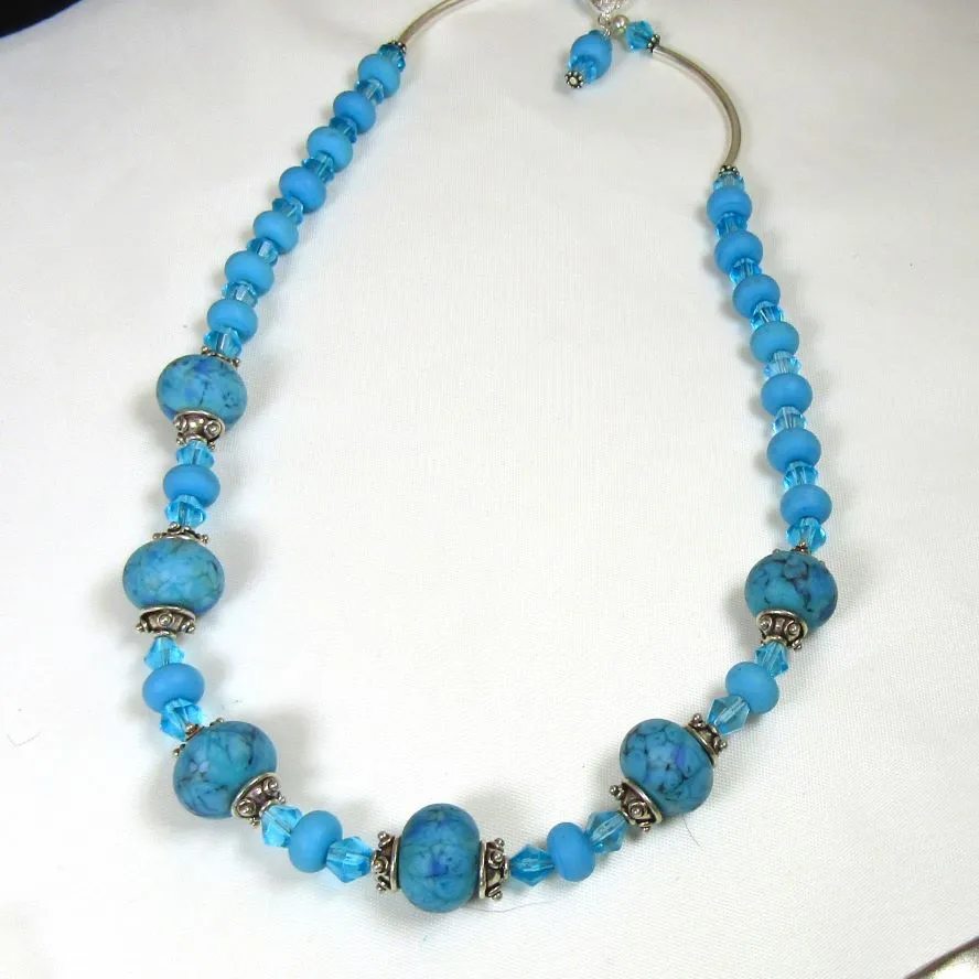 Auqa Blue Handmade Artisan Bead & Crystal Necklace