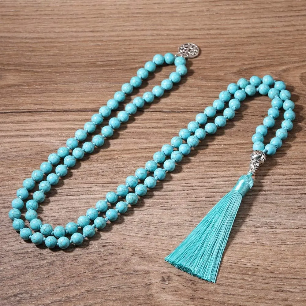 BALIBALI 108 Mala Beads Necklace Semi-Precious Gem Stones Meditation Necklace 108 Hand Knotted Japa Mala Beaded Tassel Necklace with Tree of Life Pendant