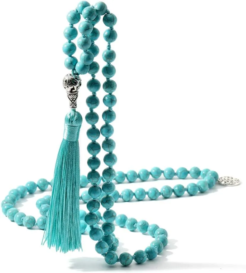 BALIBALI 108 Mala Beads Necklace Semi-Precious Gem Stones Meditation Necklace 108 Hand Knotted Japa Mala Beaded Tassel Necklace with Tree of Life Pendant