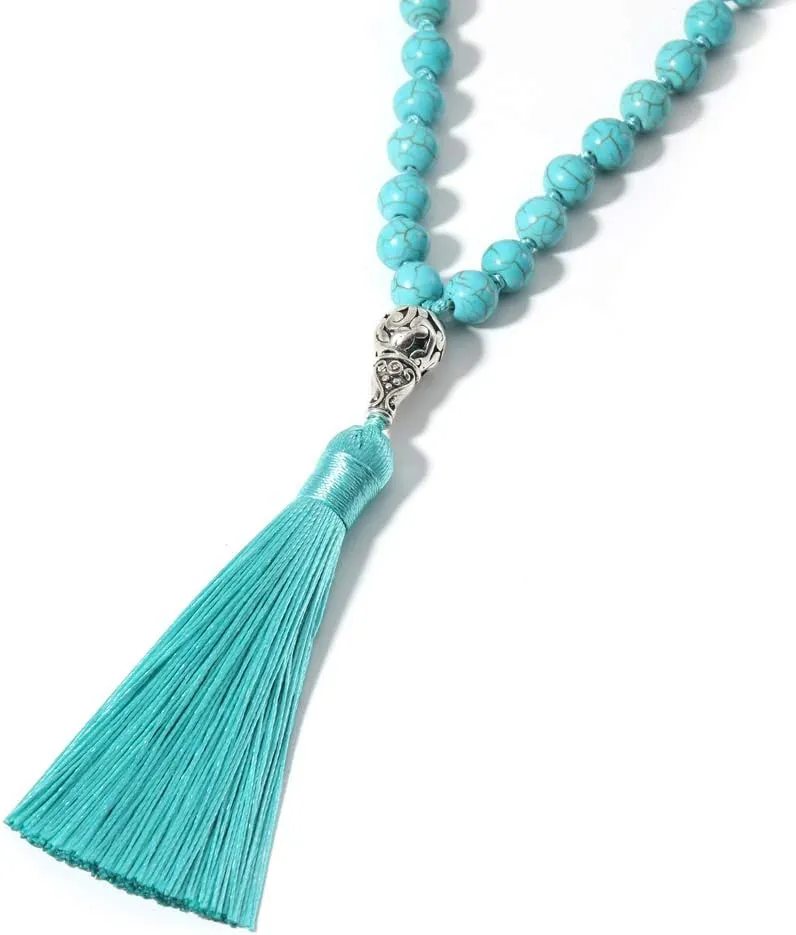 BALIBALI 108 Mala Beads Necklace Semi-Precious Gem Stones Meditation Necklace 108 Hand Knotted Japa Mala Beaded Tassel Necklace with Tree of Life Pendant