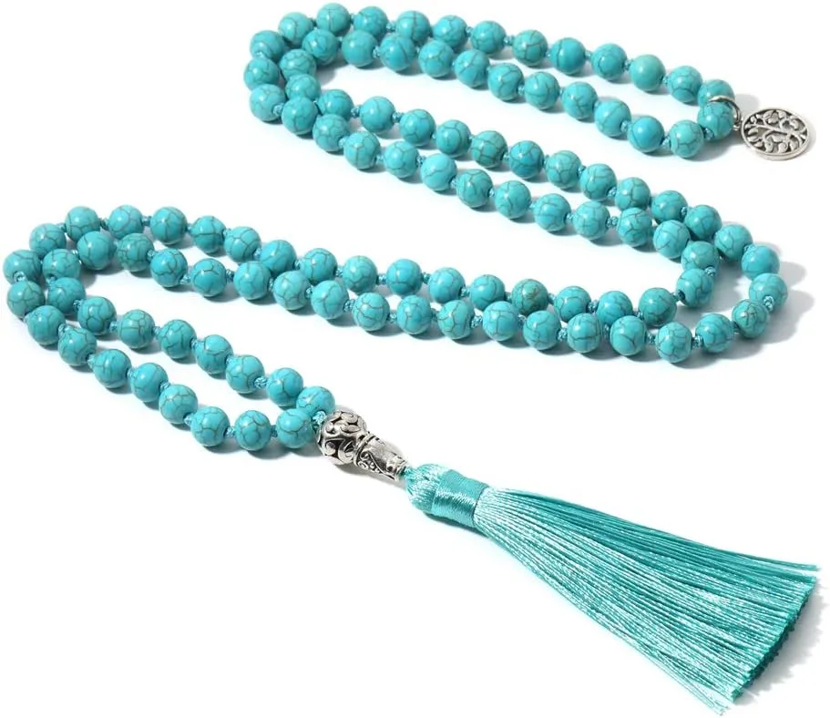BALIBALI 108 Mala Beads Necklace Semi-Precious Gem Stones Meditation Necklace 108 Hand Knotted Japa Mala Beaded Tassel Necklace with Tree of Life Pendant