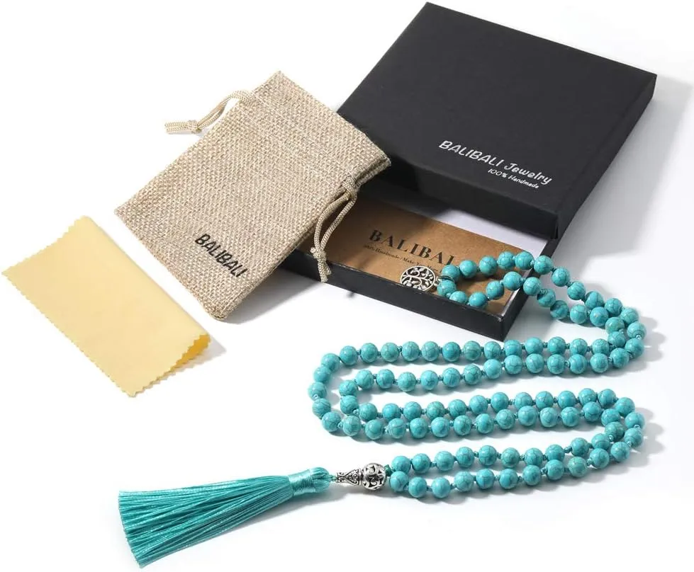 BALIBALI 108 Mala Beads Necklace Semi-Precious Gem Stones Meditation Necklace 108 Hand Knotted Japa Mala Beaded Tassel Necklace with Tree of Life Pendant