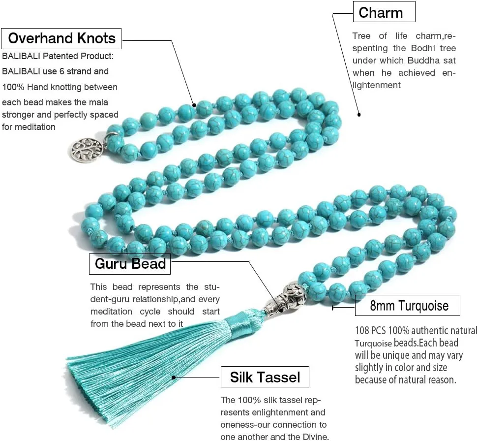 BALIBALI 108 Mala Beads Necklace Semi-Precious Gem Stones Meditation Necklace 108 Hand Knotted Japa Mala Beaded Tassel Necklace with Tree of Life Pendant