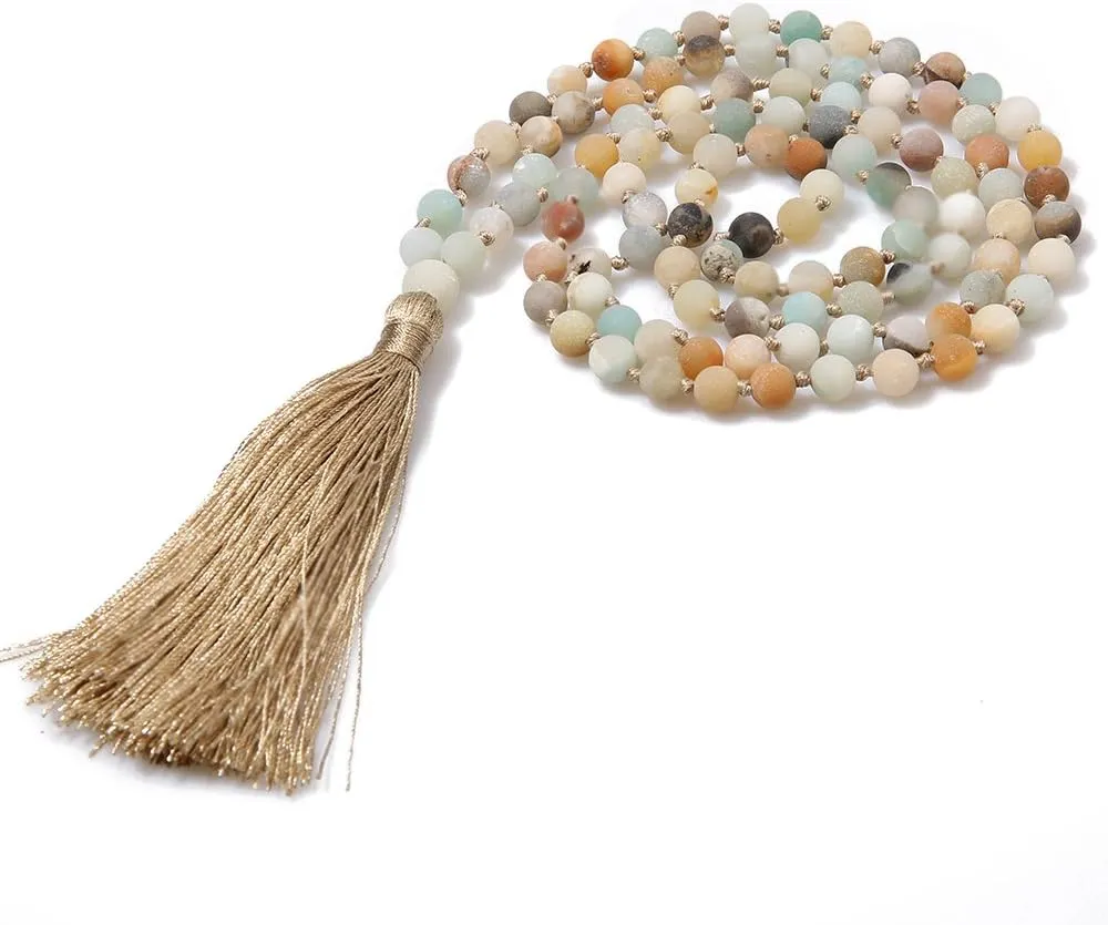 BALIBALI 6MM Mala Beads Necklace Natural Stone Meditation Statement Necklace Japa Yoga Rosary Prayer Charm Beaded Tassel Necklace