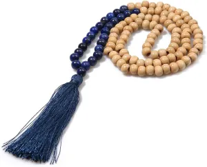 BALIBALI 8MM Semi-Precious Gem Stones Wood Mala Bead Necklace Multicolor Tassel Charms Chain Necklace Handmade Beaded Pendant Necklace for Women Men