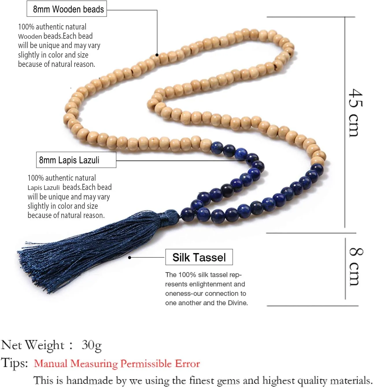 BALIBALI 8MM Semi-Precious Gem Stones Wood Mala Bead Necklace Multicolor Tassel Charms Chain Necklace Handmade Beaded Pendant Necklace for Women Men
