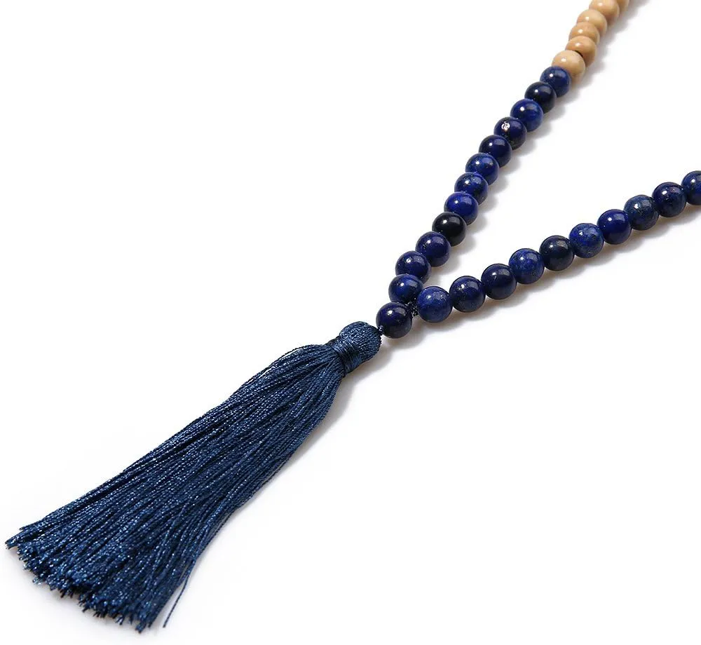 BALIBALI 8MM Semi-Precious Gem Stones Wood Mala Bead Necklace Multicolor Tassel Charms Chain Necklace Handmade Beaded Pendant Necklace for Women Men