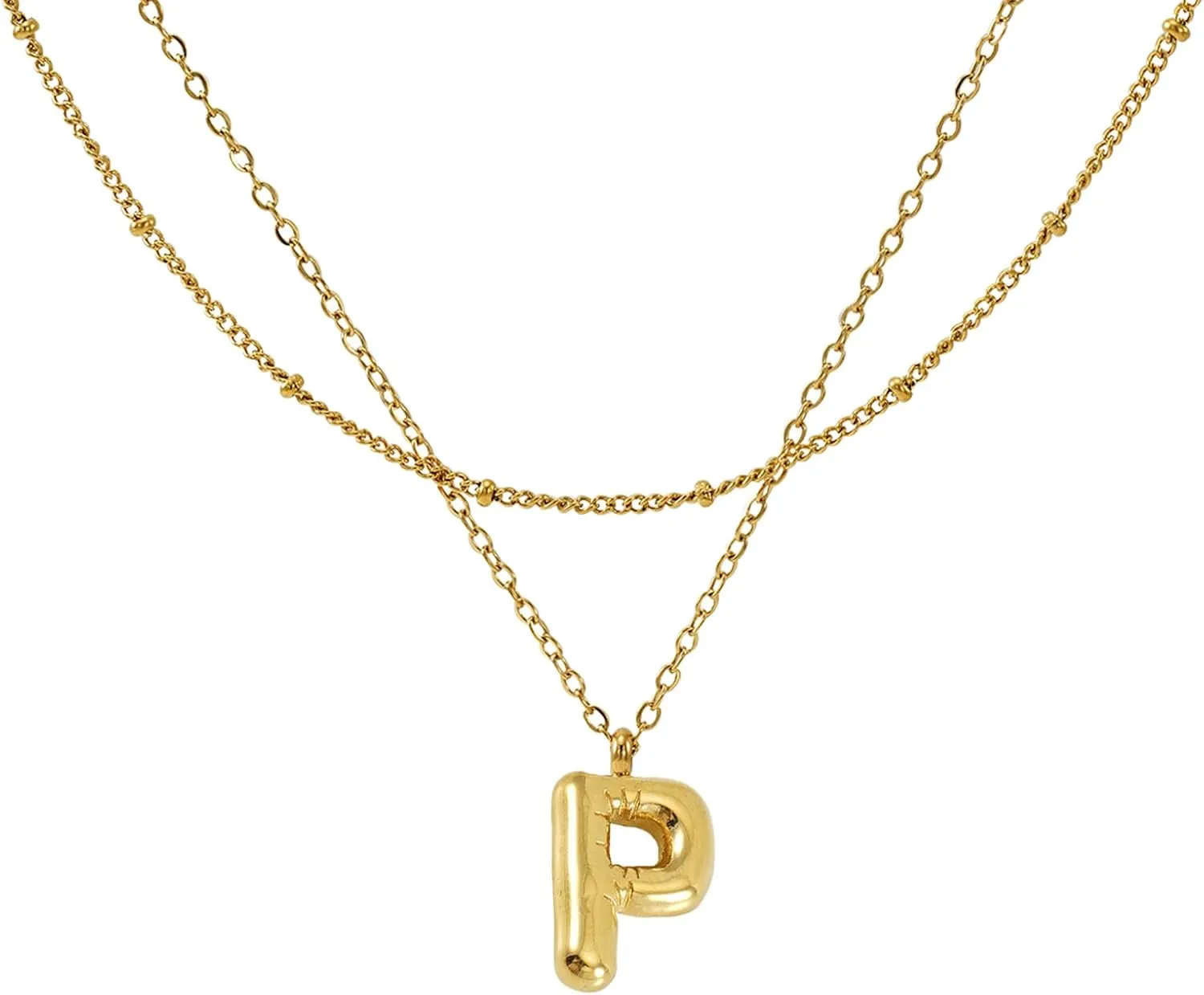 Balloon Bubble Letter Necklace18K Gold Name Letter Alphabet PendantLayered Gold Necklaces, for Women Girls Name Personalized Jewelry Gift