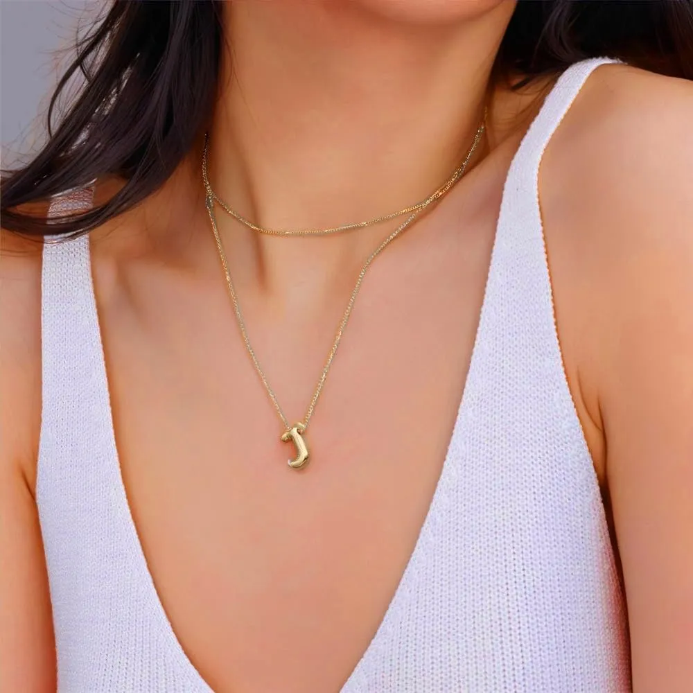 Balloon Bubble Letter Necklace18K Gold Name Letter Alphabet PendantLayered Gold Necklaces, for Women Girls Name Personalized Jewelry Gift