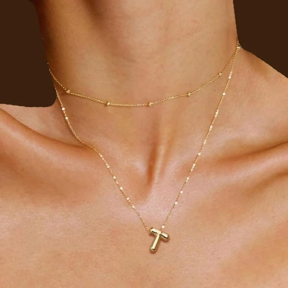 Balloon Bubble Letter Necklace18K Gold Name Letter Alphabet PendantLayered Gold Necklaces, for Women Girls Name Personalized Jewelry Gift