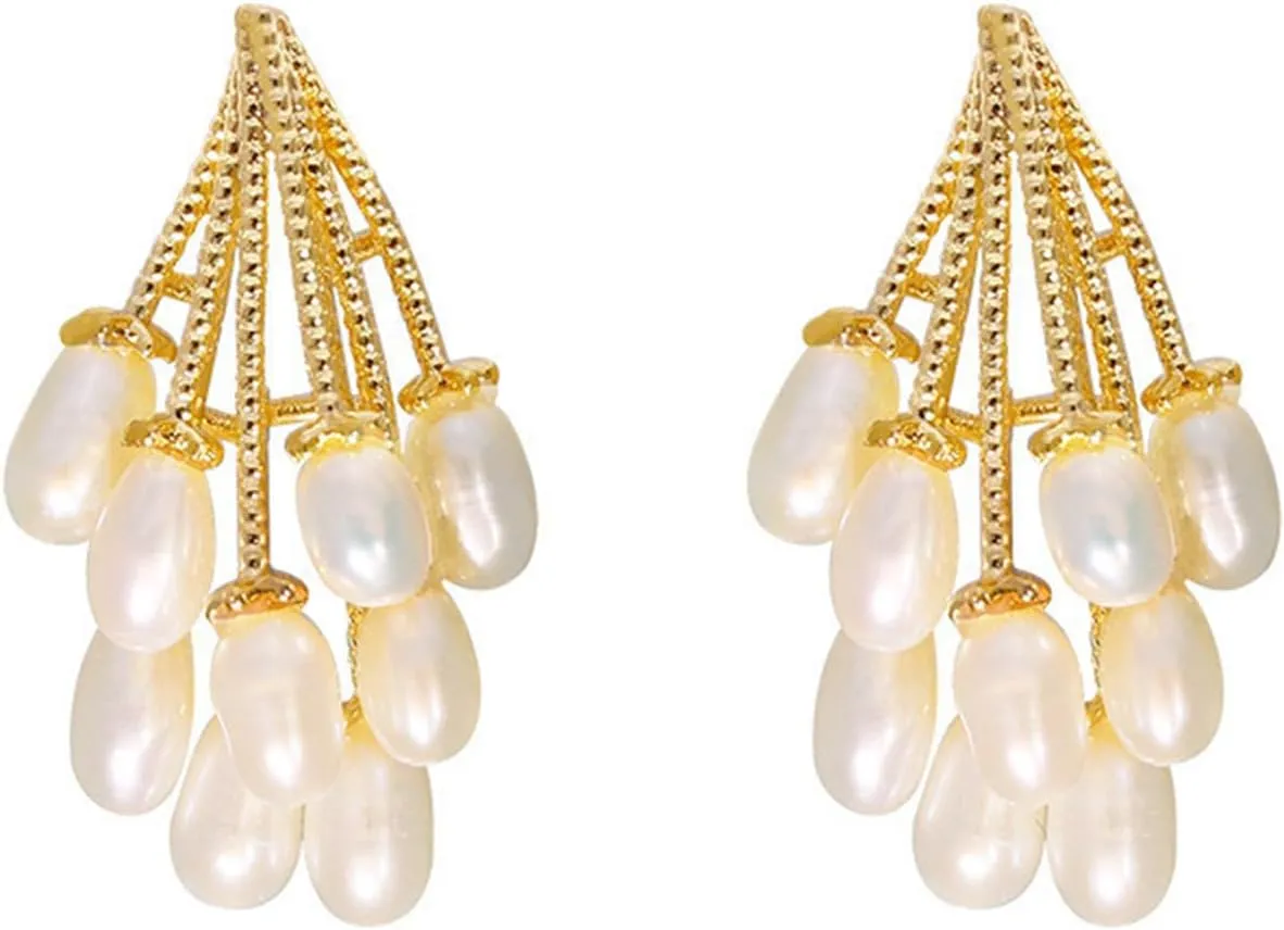 Baroque Pearl Chandelier Earrings for Women Gold Plated Funny Cute Balloon Cluster Elegant White Simulated Pearl Geometric Small Stud Earrings for Birthday Valentine Wedding Anniversary Jewelry Gifts