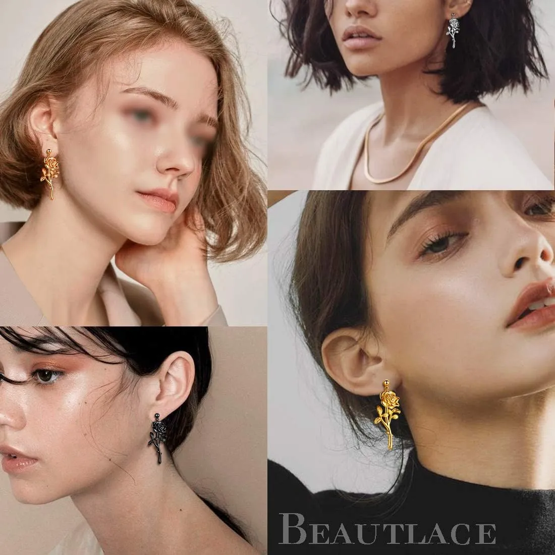beautlace Rose Necklaces/Adjustable Rings Silver/18K Gold/Black Gun Plated Flower Pendant/Open Ring Elegant Jewelry Gifts for Women