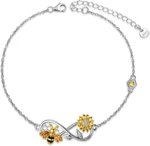 Bee Sunflower Infinity love Sterling925 Sterling Silver Unique dainty Bracelet for women, Mothers Day Birthday Gifts for Daughter Sister