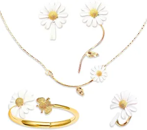 BelugaDesign Daisy Jewelry Set | Cute Kawaii Floral Charms for Women | Matching Necklace Earrings Bracelet Ring | Wedding Summer Spring Fashion April Birth | Gold Yellow Silver Collection