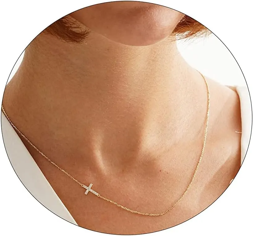 BERISO Cross Necklace 14K Gold/Silver Plated Double Cross Pendant Necklace Dainty Diamond Cross Charm Link Chain Choker Delicate Faith Jewelry Religious Gifts for Women Teen Girls Men Boys