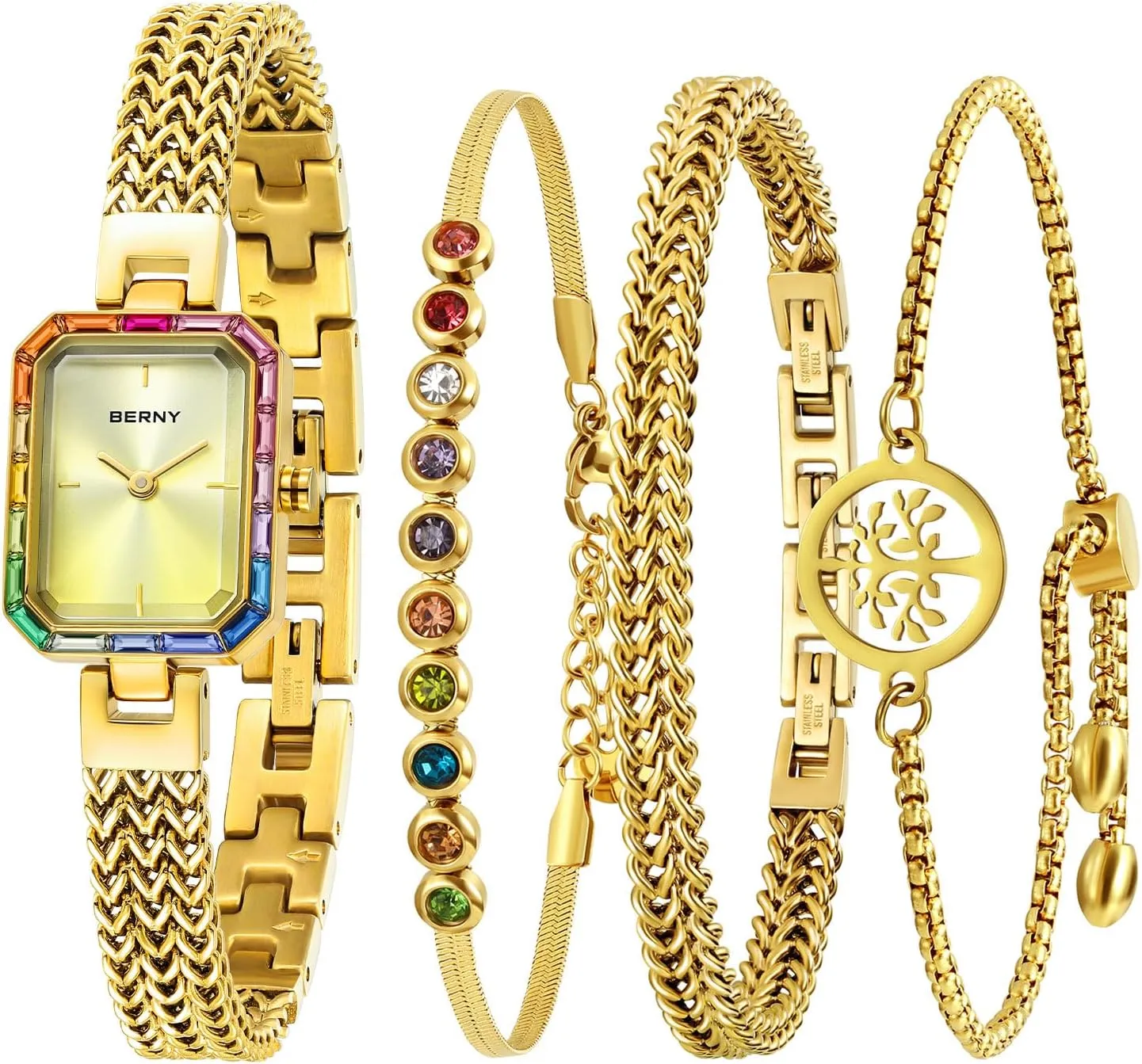 BERNY Gold Watches for Women Dainty Quartz Bracelet Watch Ladies Wrist Watch and Bracelet Set Coloured Stones Accented Fashion Luxury Birthday Gifts for Women