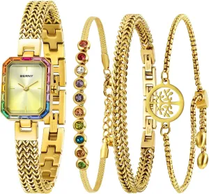 BERNY Gold Watches for Women Dainty Quartz Bracelet Watch Ladies Wrist Watch and Bracelet Set Coloured Stones Accented Fashion Luxury Birthday Gifts for Women