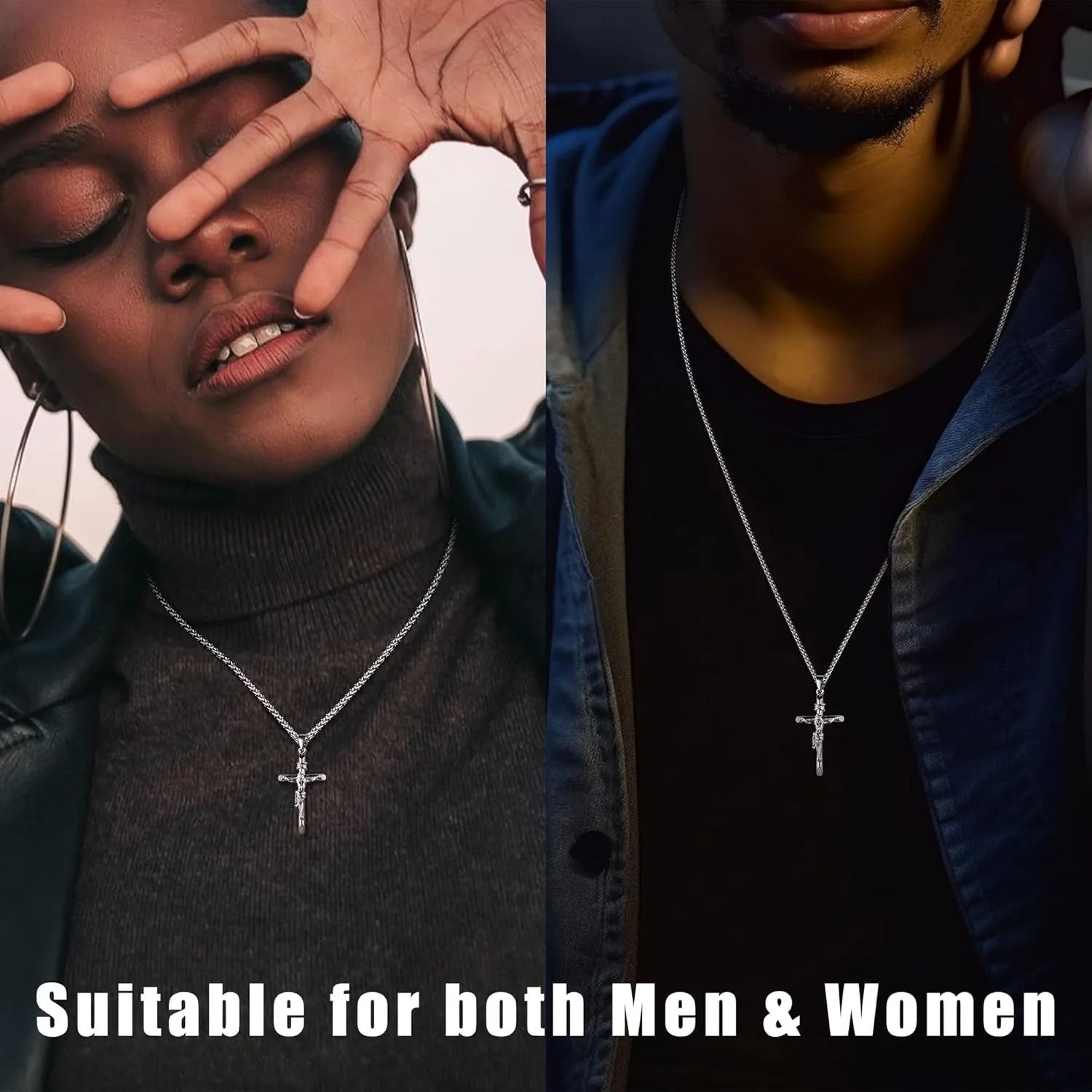 Besteel Sterling Silver Crucifix Necklace for Men Women - Men's Silver Crucifix Pendant Necklace with Stainless Steel Rope Chain Catholic Baptism Jesus Cross Necklace Jewelry