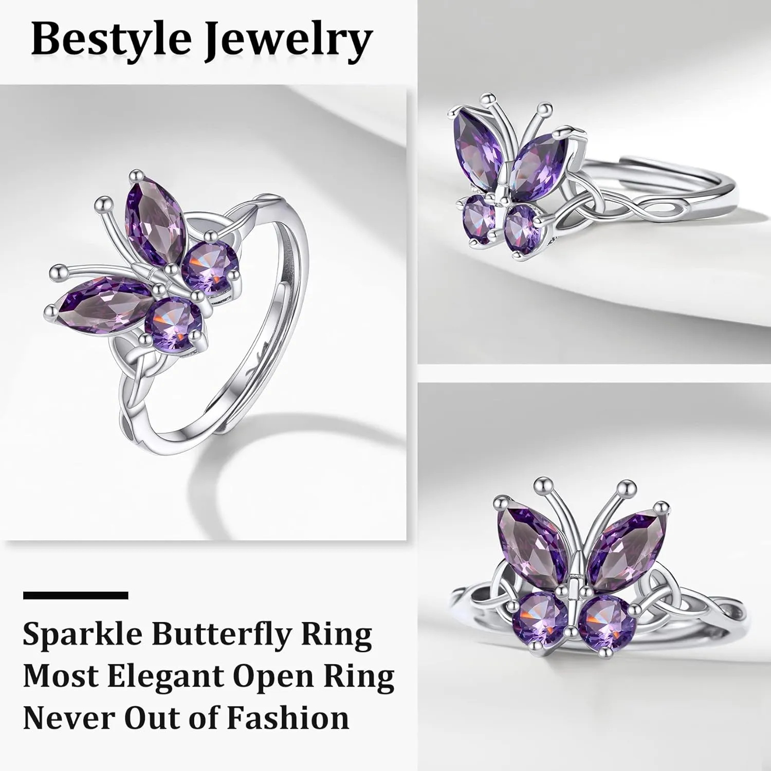 Bestyle Sterling Silver Birthstone Rings for Women, Dainty Butterfly Stackable Ring Adjustable Ideal Valentine's Gifts for Her