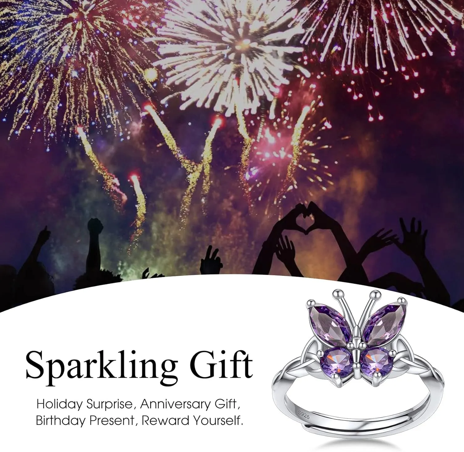 Bestyle Sterling Silver Birthstone Rings for Women, Dainty Butterfly Stackable Ring Adjustable Ideal Valentine's Gifts for Her